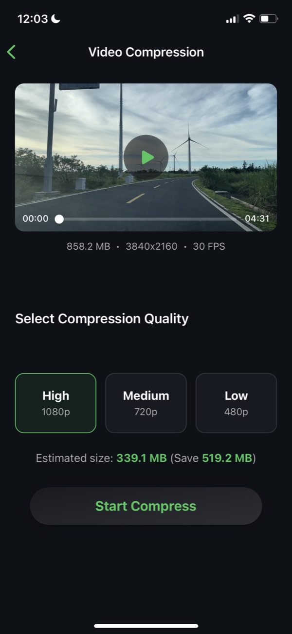 Videoslim compression screen showing a video preview, quality presets, and an estimated output size